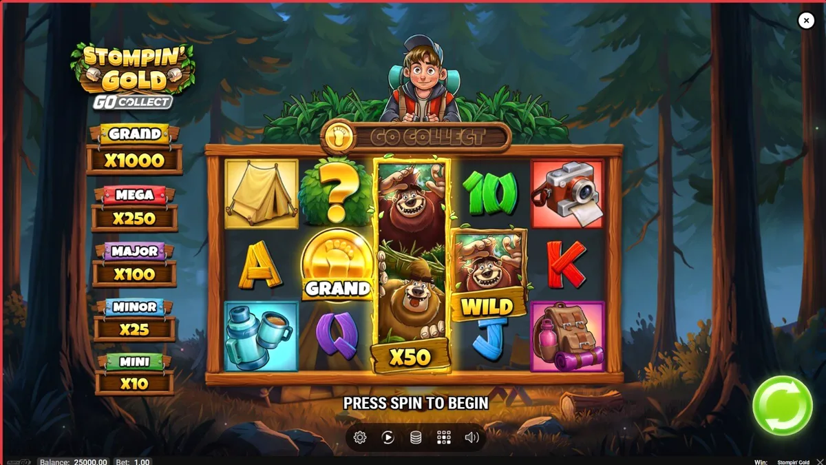 Stompin’ Gold GO Collect slot game interface with yeti characters